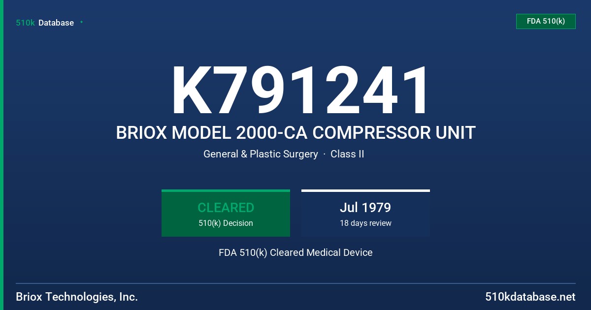 K791241 BRIOX MODEL 2000-CA COMPRESSOR UNIT FDA 510(k) Cleared Medical Device