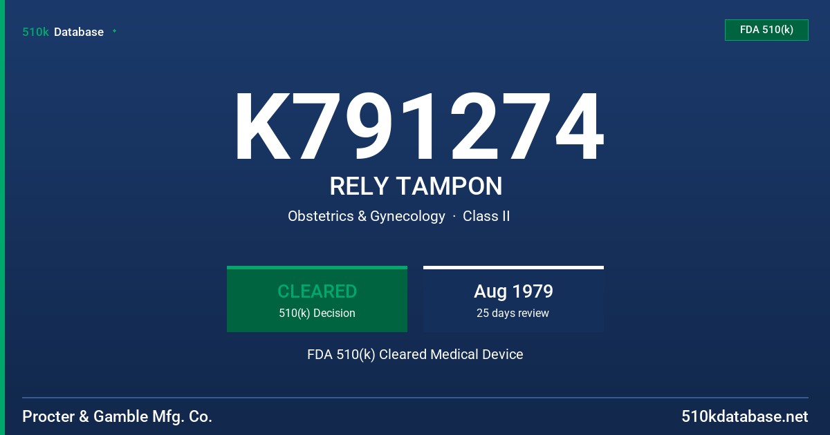 K791274 RELY TAMPON FDA 510(k) Cleared Medical Device