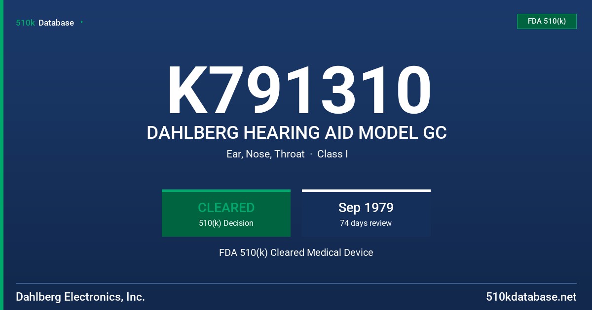 K791310 DAHLBERG HEARING AID MODEL GC FDA 510(k) Cleared Medical Device