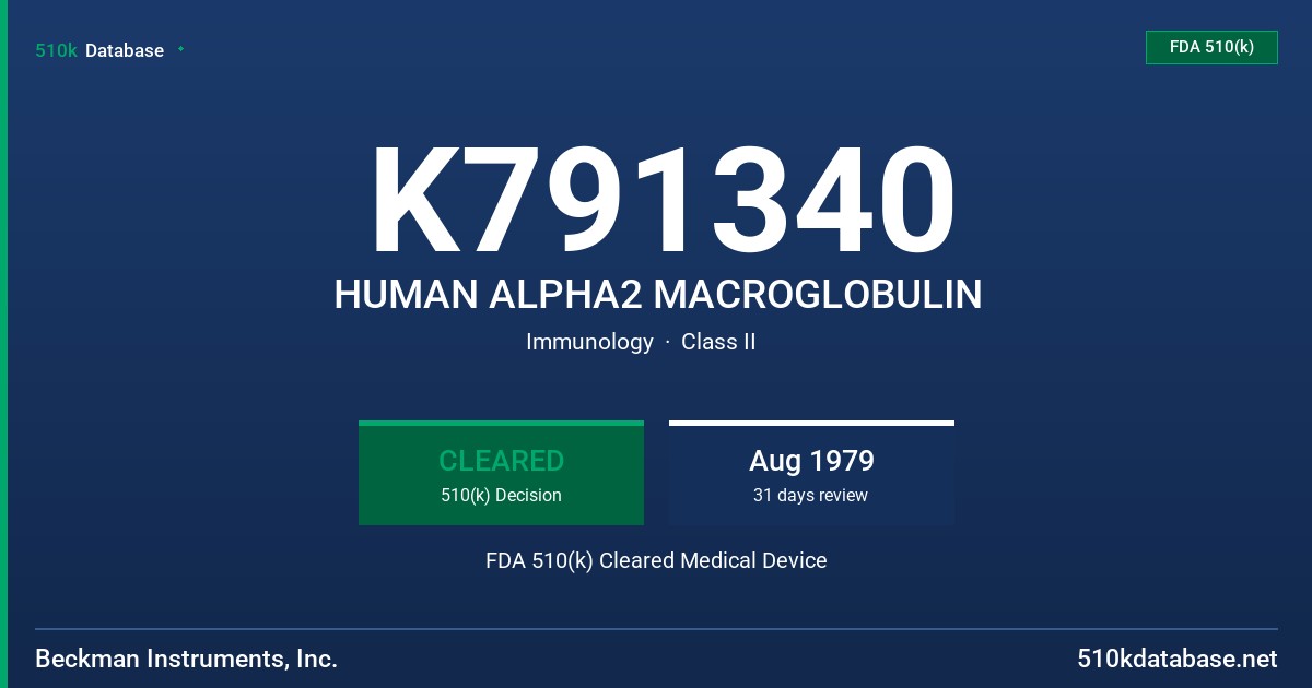 K791340 HUMAN ALPHA2 MACROGLOBULIN FDA 510(k) Cleared Medical Device