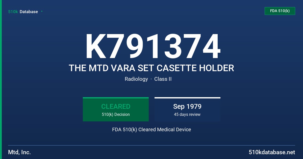 K791374 THE MTD VARA SET CASETTE HOLDER FDA 510(k) Cleared Medical Device