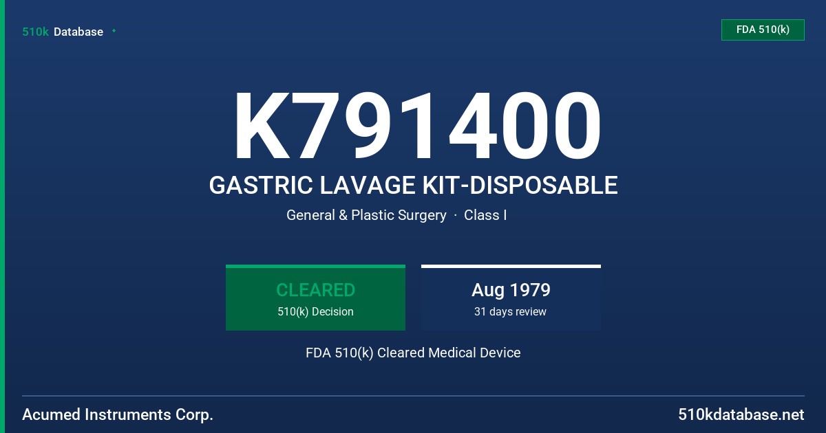 K791400 GASTRIC LAVAGE KIT-DISPOSABLE FDA 510(k) Cleared Medical Device