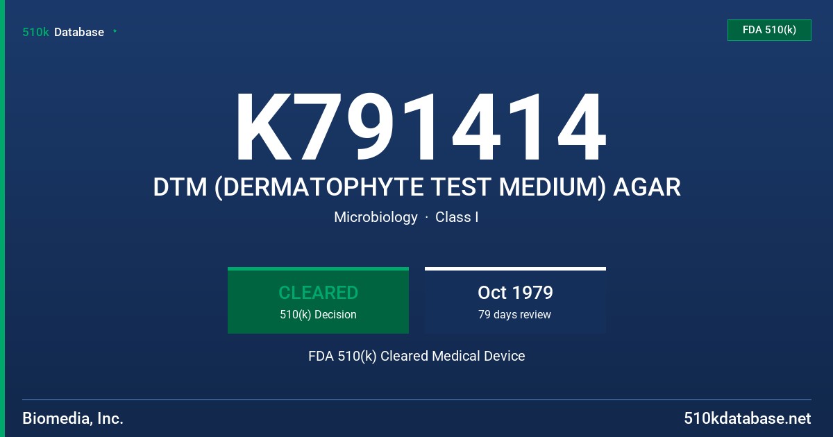 K791414 DTM (DERMATOPHYTE TEST MEDIUM) AGAR FDA 510(k) Cleared Medical Device