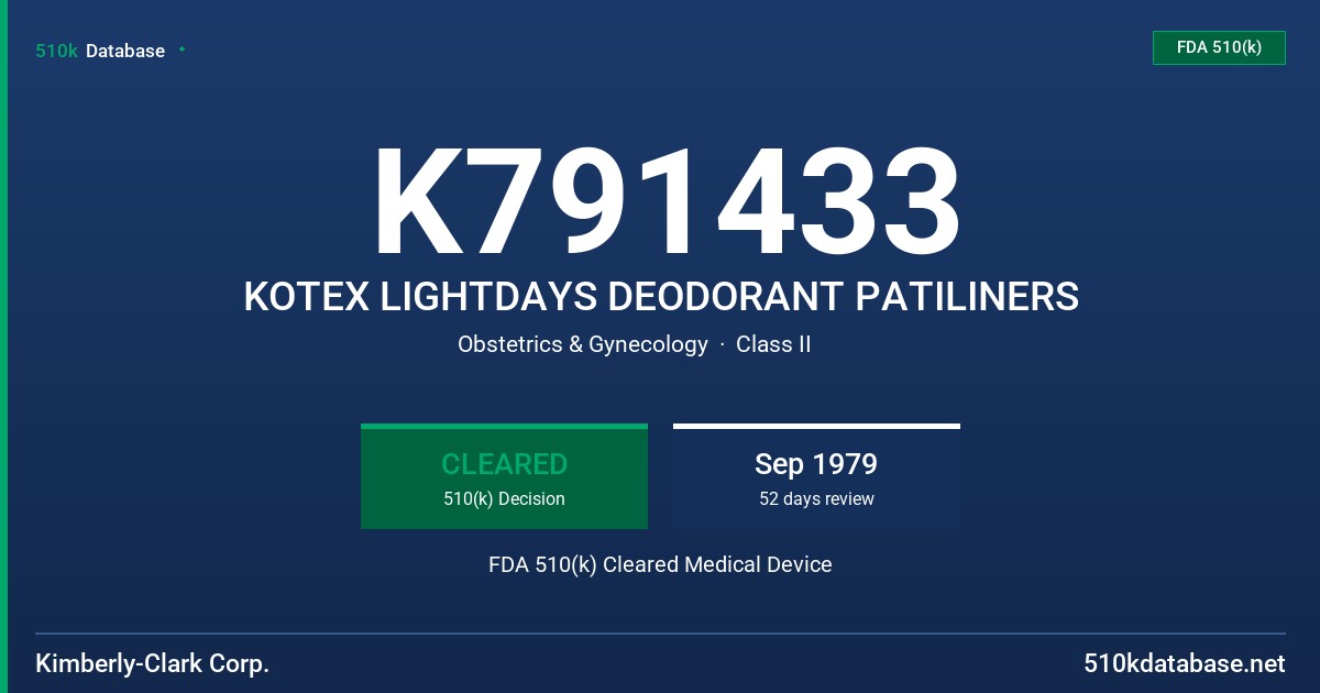 K791433 KOTEX LIGHTDAYS DEODORANT PATILINERS FDA 510(k) Cleared Medical Device