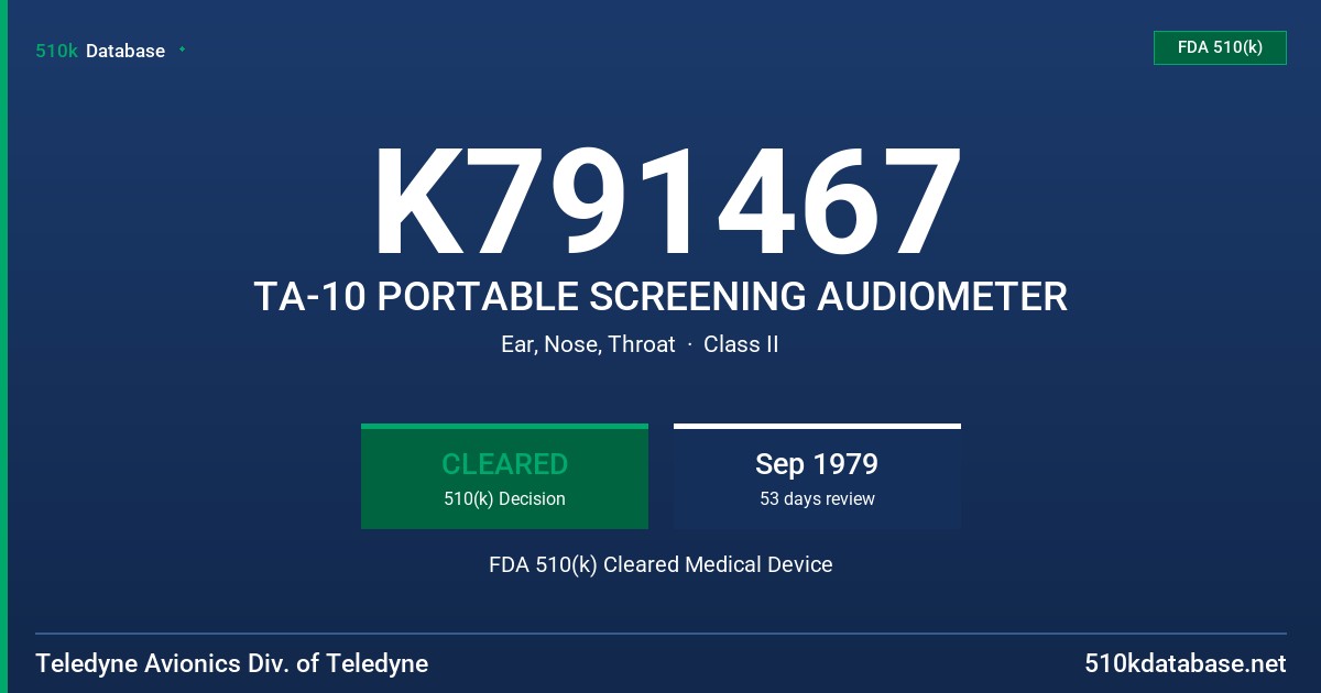 K791467 TA-10 PORTABLE SCREENING AUDIOMETER FDA 510(k) Cleared Medical Device