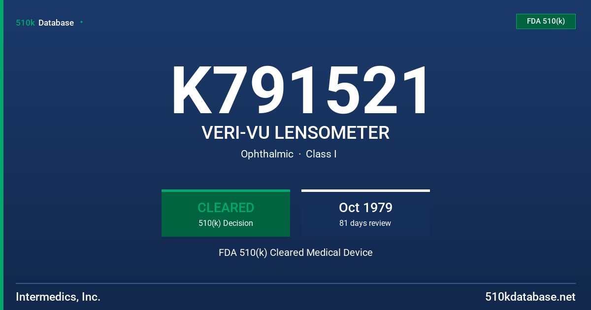 K791521 VERI-VU LENSOMETER FDA 510(k) Cleared Medical Device