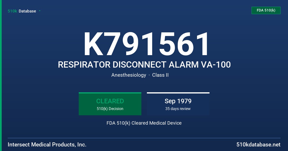 K791561 RESPIRATOR DISCONNECT ALARM VA-100 FDA 510(k) Cleared Medical Device