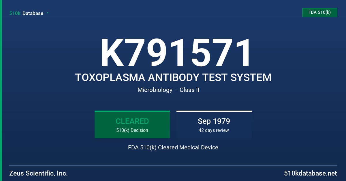 K791571 TOXOPLASMA ANTIBODY TEST SYSTEM FDA 510(k) Cleared Medical Device