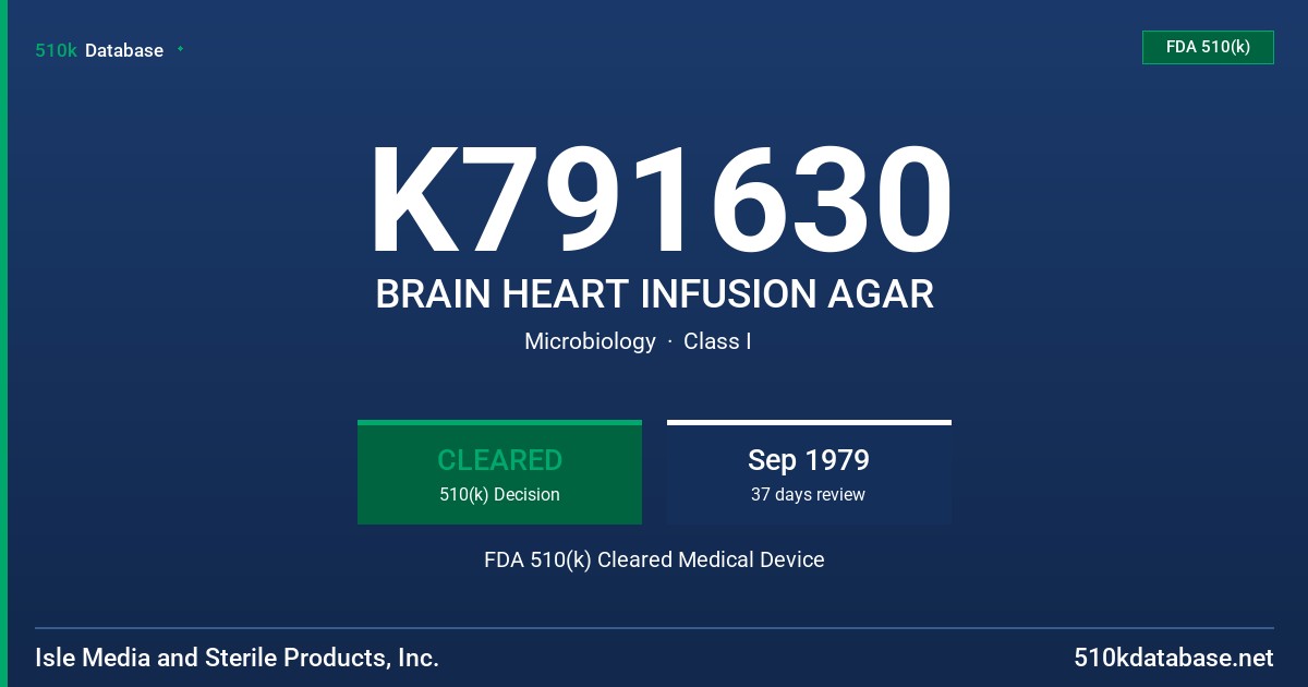 K791630 BRAIN HEART INFUSION AGAR FDA 510(k) Cleared Medical Device