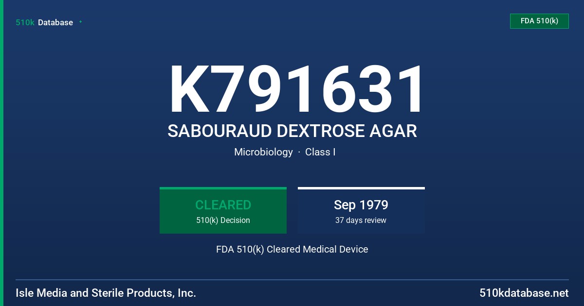 K791631 SABOURAUD DEXTROSE AGAR FDA 510(k) Cleared Medical Device