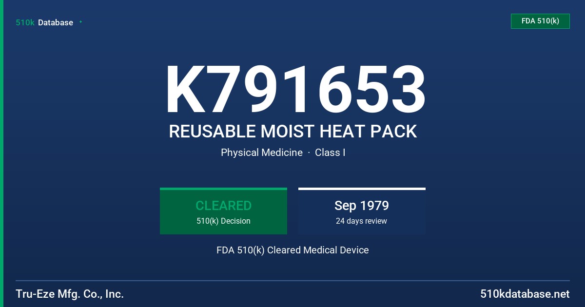K791653 REUSABLE MOIST HEAT PACK FDA 510(k) Cleared Medical Device
