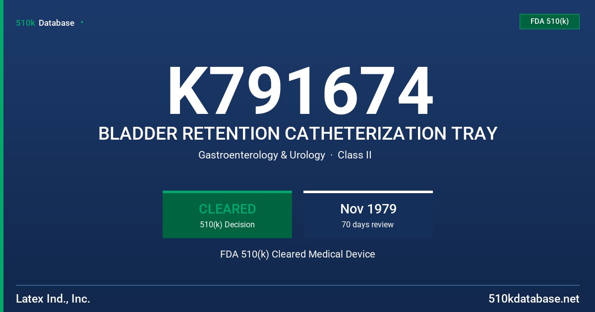 K791674 BLADDER RETENTION CATHETERIZATION TRAY FDA 510(k) Cleared Medical Device