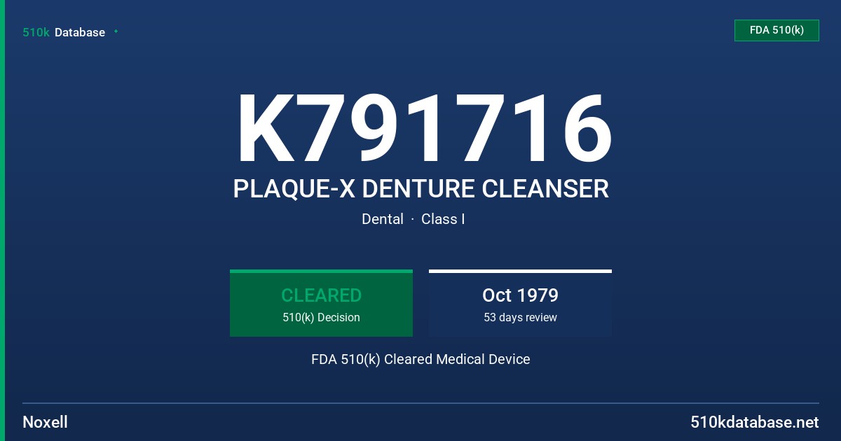K791716 PLAQUE-X DENTURE CLEANSER FDA 510(k) Cleared Medical Device