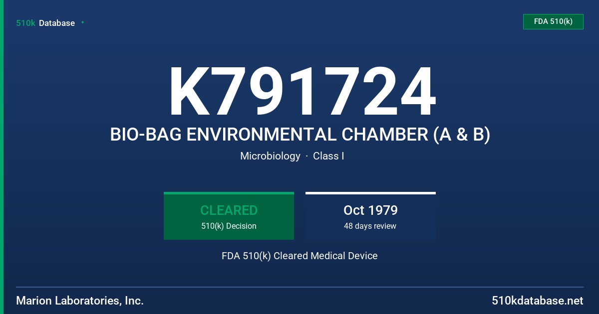 K791724 BIO-BAG ENVIRONMENTAL CHAMBER (A & B) FDA 510(k) Cleared Medical Device
