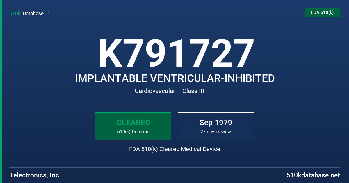 K791727 IMPLANTABLE VENTRICULAR-INHIBITED FDA 510(k) Cleared Medical Device