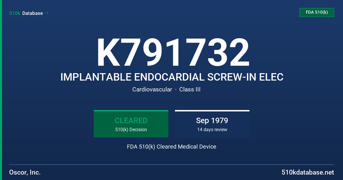 K791732 IMPLANTABLE ENDOCARDIAL SCREW-IN ELEC FDA 510(k) Cleared Medical Device