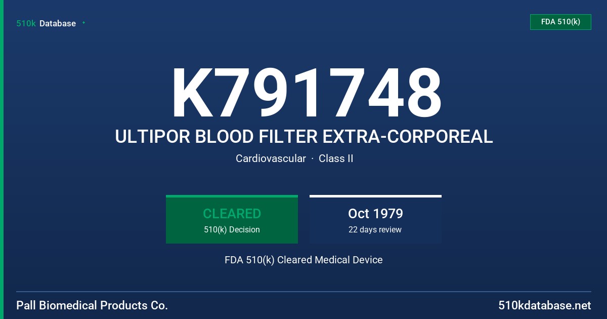 K791748 ULTIPOR BLOOD FILTER EXTRA-CORPOREAL FDA 510(k) Cleared Medical Device