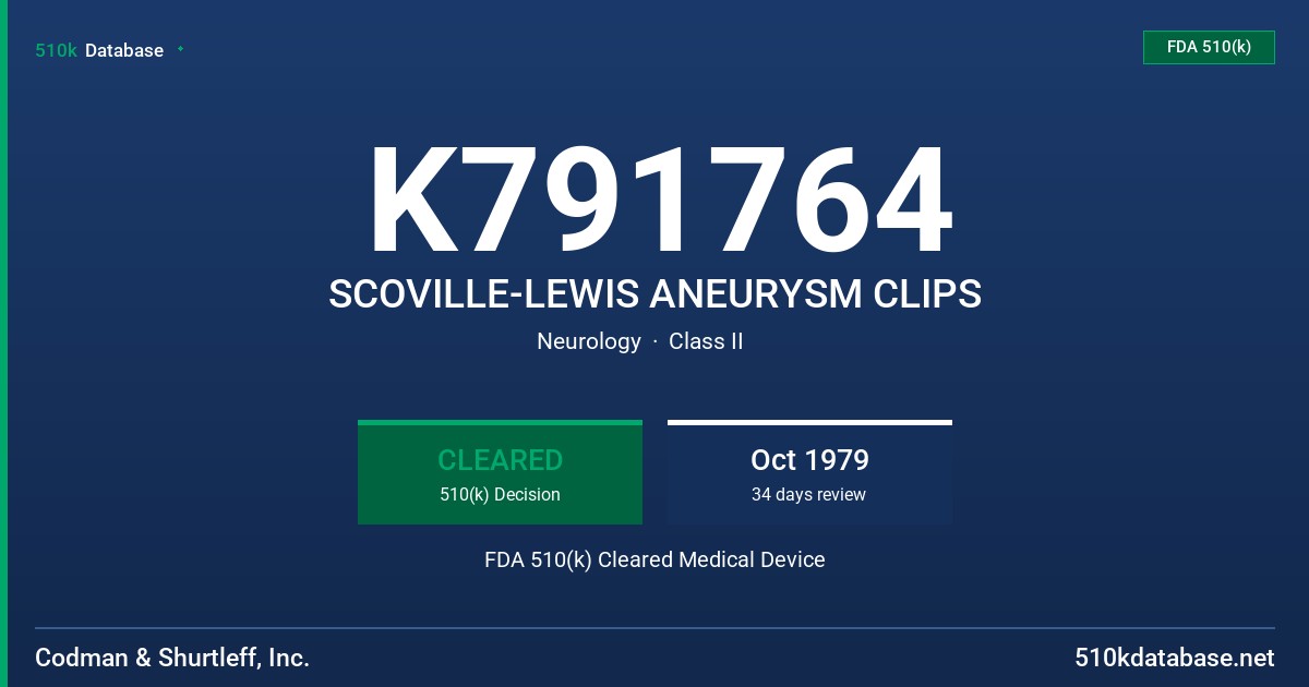 K791764 SCOVILLE-LEWIS ANEURYSM CLIPS FDA 510(k) Cleared Medical Device