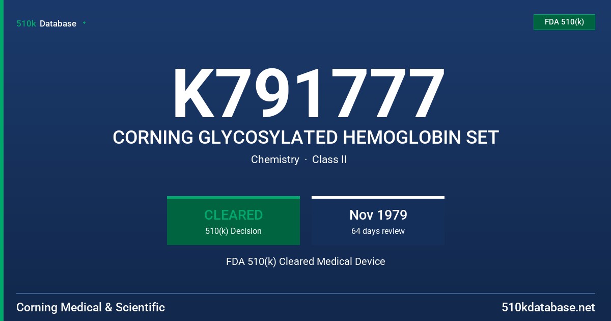 K791777 CORNING GLYCOSYLATED HEMOGLOBIN SET FDA 510(k) Cleared Medical Device
