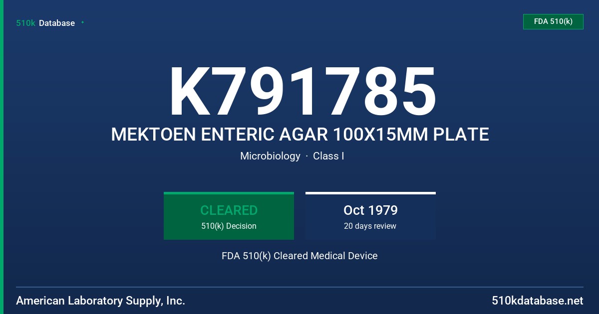 K791785 MEKTOEN ENTERIC AGAR 100X15MM PLATE FDA 510(k) Cleared Medical Device