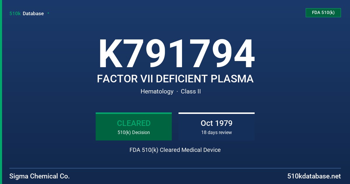 K791794 FACTOR VII DEFICIENT PLASMA FDA 510(k) Cleared Medical Device