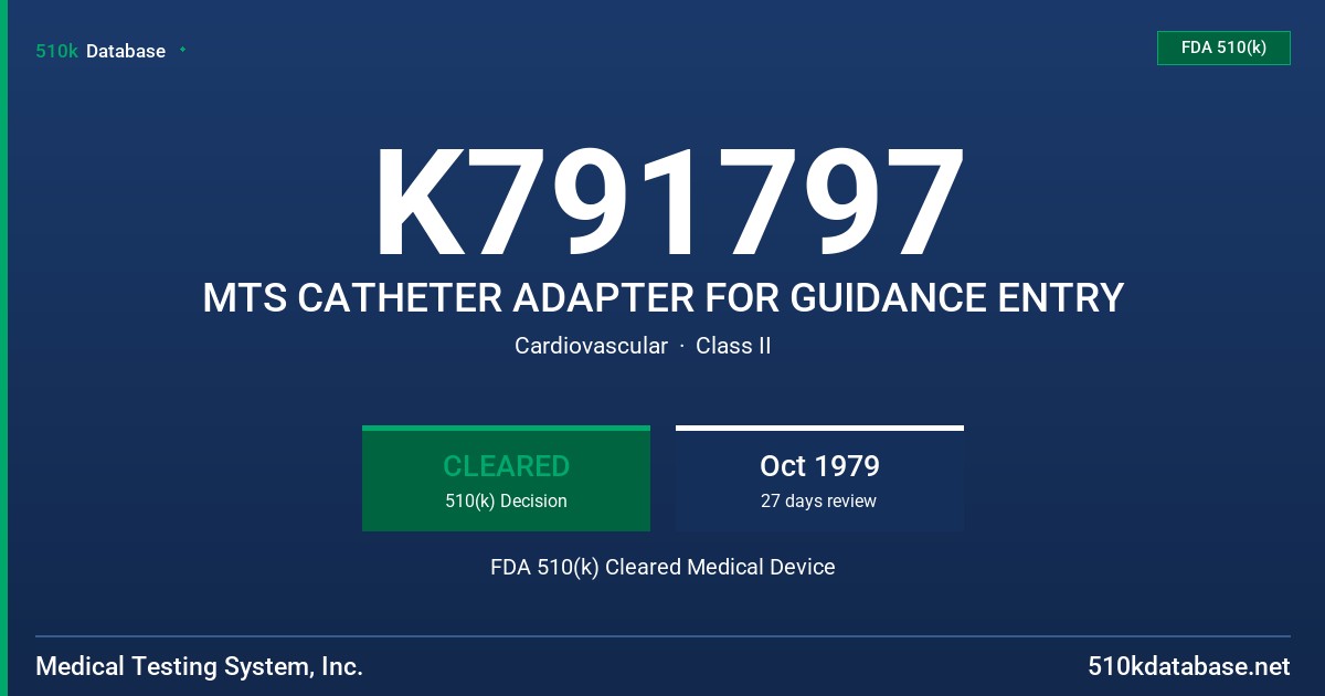 K791797 MTS CATHETER ADAPTER FOR GUIDANCE ENTRY FDA 510(k) Cleared Medical Device