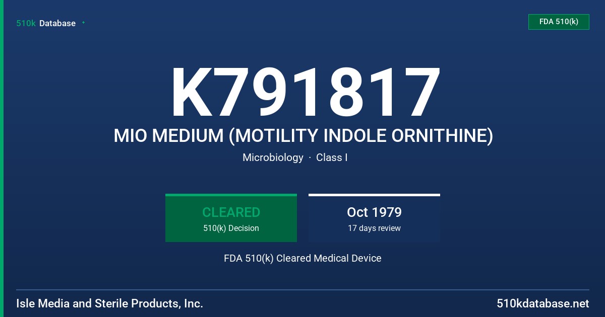 K791817 MIO MEDIUM (MOTILITY INDOLE ORNITHINE) FDA 510(k) Cleared Medical Device