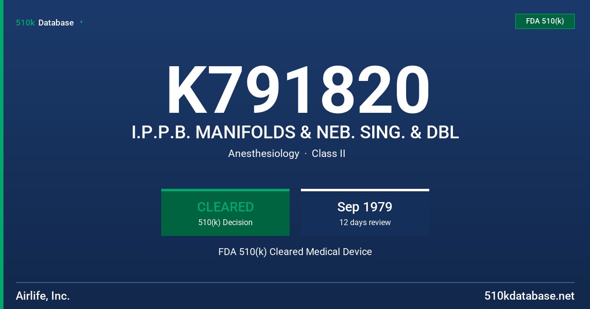 K791820 I.P.P.B. MANIFOLDS & NEB. SING. & DBL FDA 510(k) Cleared Medical Device