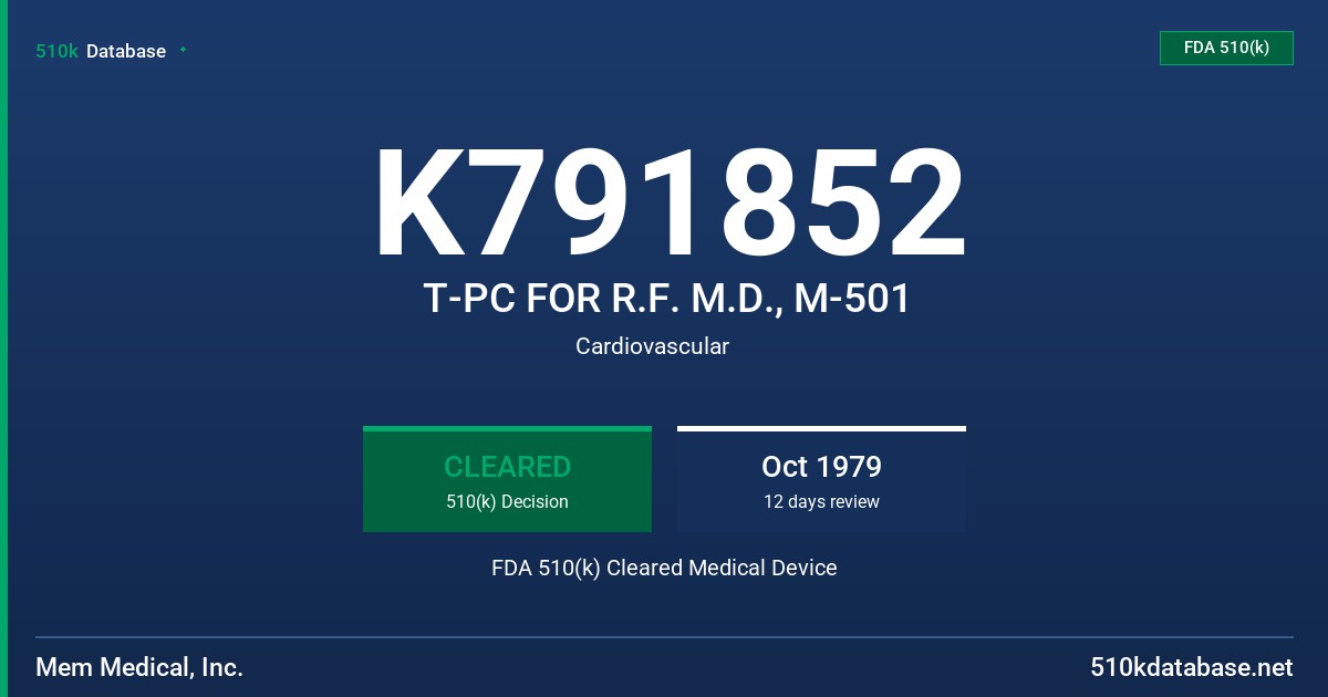 K791852 T-PC FOR R.F. M.D., M-501 FDA 510(k) Cleared Medical Device