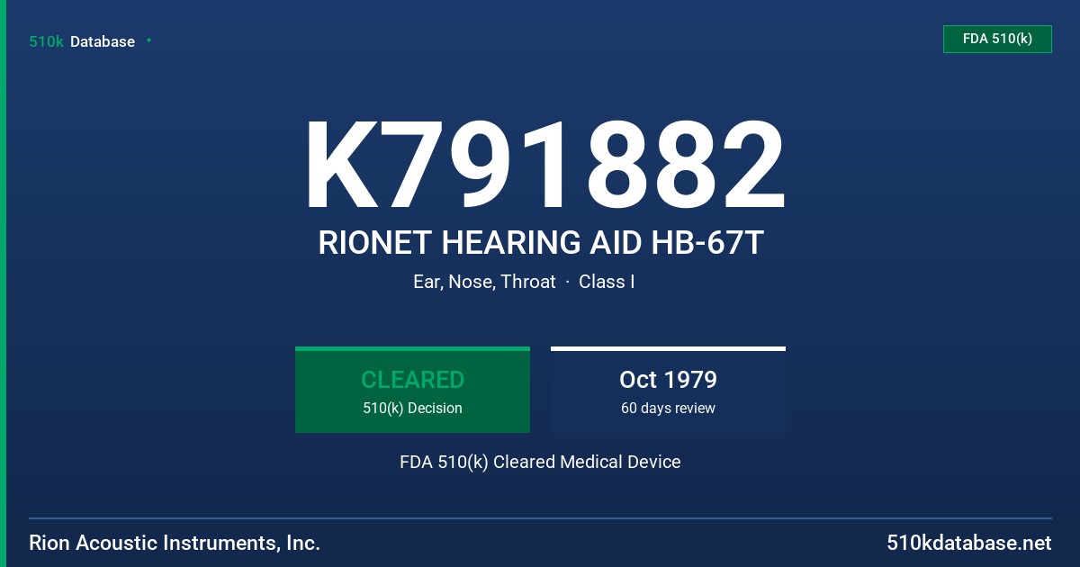 K791882 RIONET HEARING AID HB-67T FDA 510(k) Cleared Medical Device