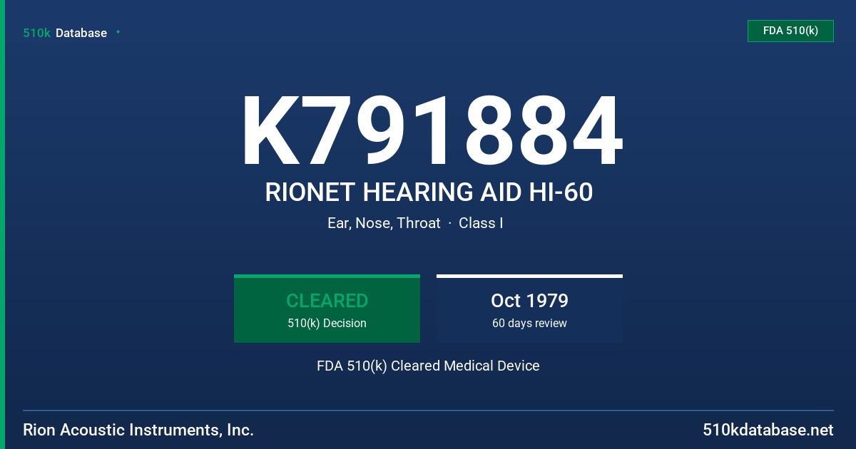 K791884 RIONET HEARING AID HI-60 FDA 510(k) Cleared Medical Device