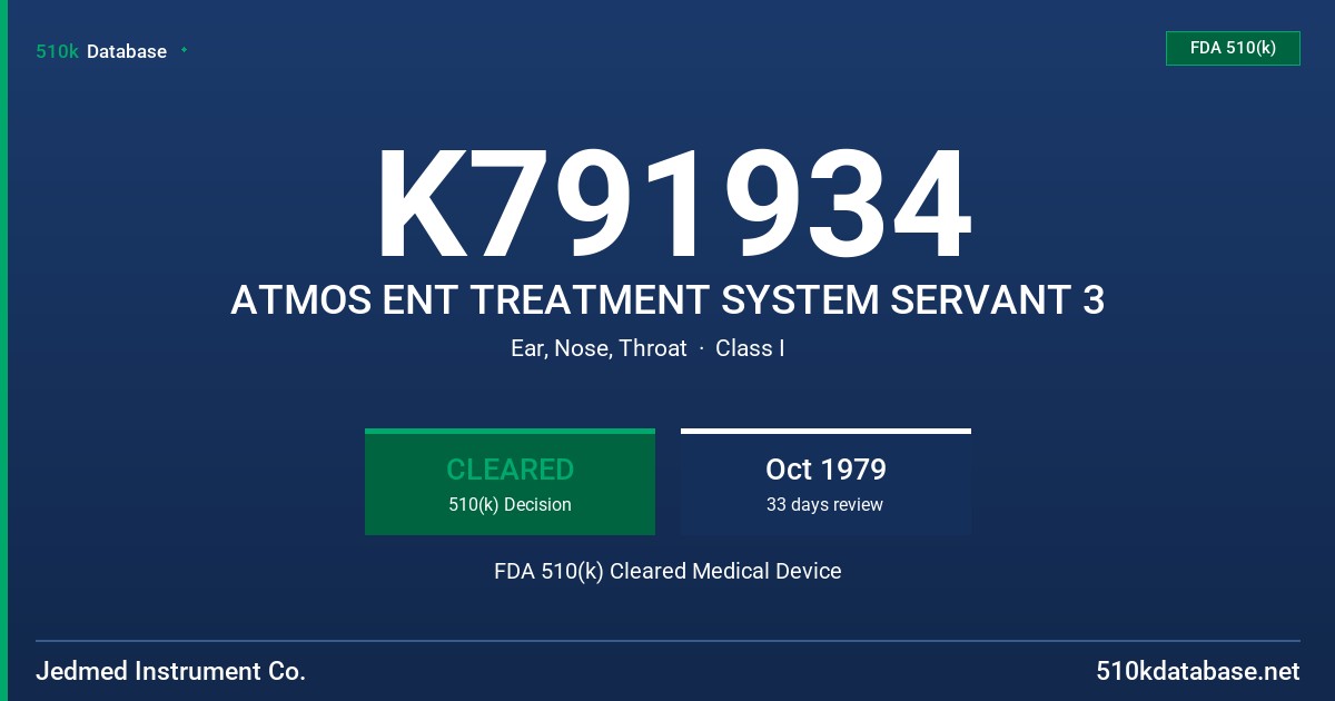 K791934 ATMOS ENT TREATMENT SYSTEM SERVANT 3 FDA 510(k) Cleared Medical Device