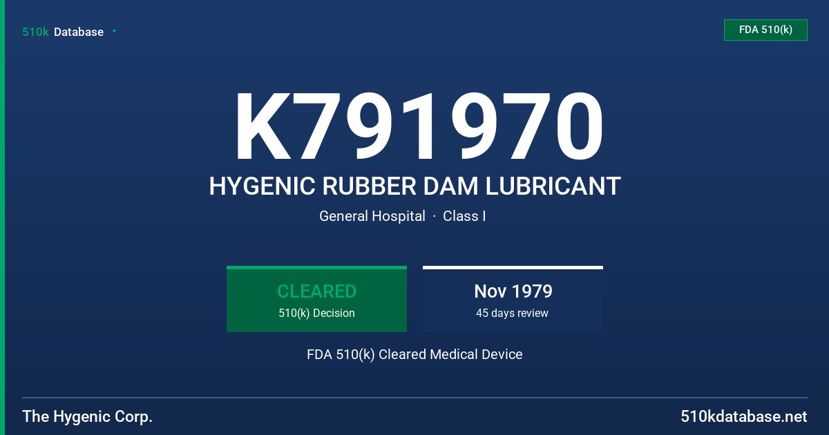 K791970 HYGENIC RUBBER DAM LUBRICANT FDA 510(k) Cleared Medical Device
