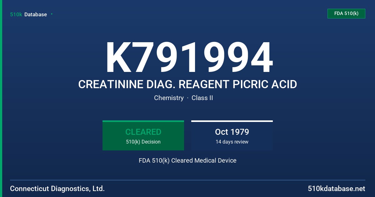 K791994 CREATININE DIAG. REAGENT PICRIC ACID FDA 510(k) Cleared Medical Device