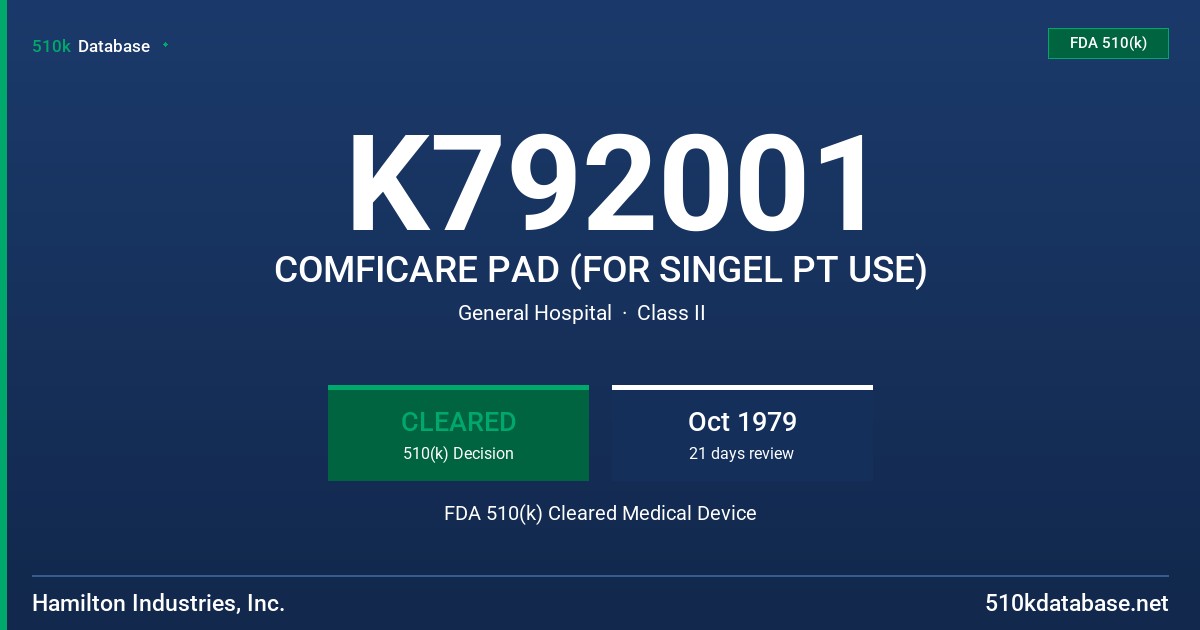 K792001 COMFICARE PAD (FOR SINGEL PT USE) FDA 510(k) Cleared Medical Device