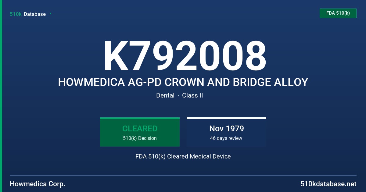 K792008 HOWMEDICA AG-PD CROWN AND BRIDGE ALLOY FDA 510(k) Cleared Medical Device