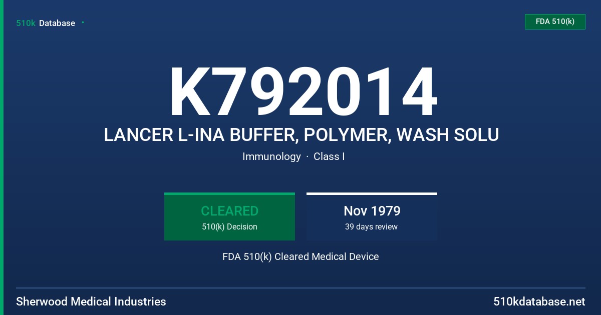 K792014 LANCER L-INA BUFFER, POLYMER, WASH SOLU FDA 510(k) Cleared Medical Device