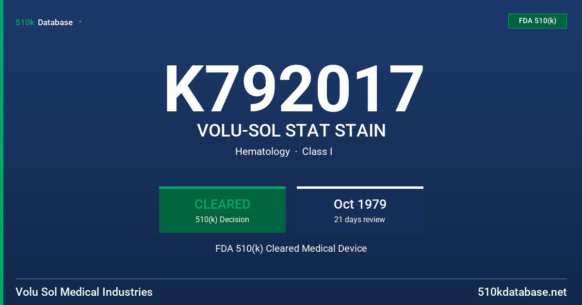 K792017 VOLU-SOL STAT STAIN FDA 510(k) Cleared Medical Device