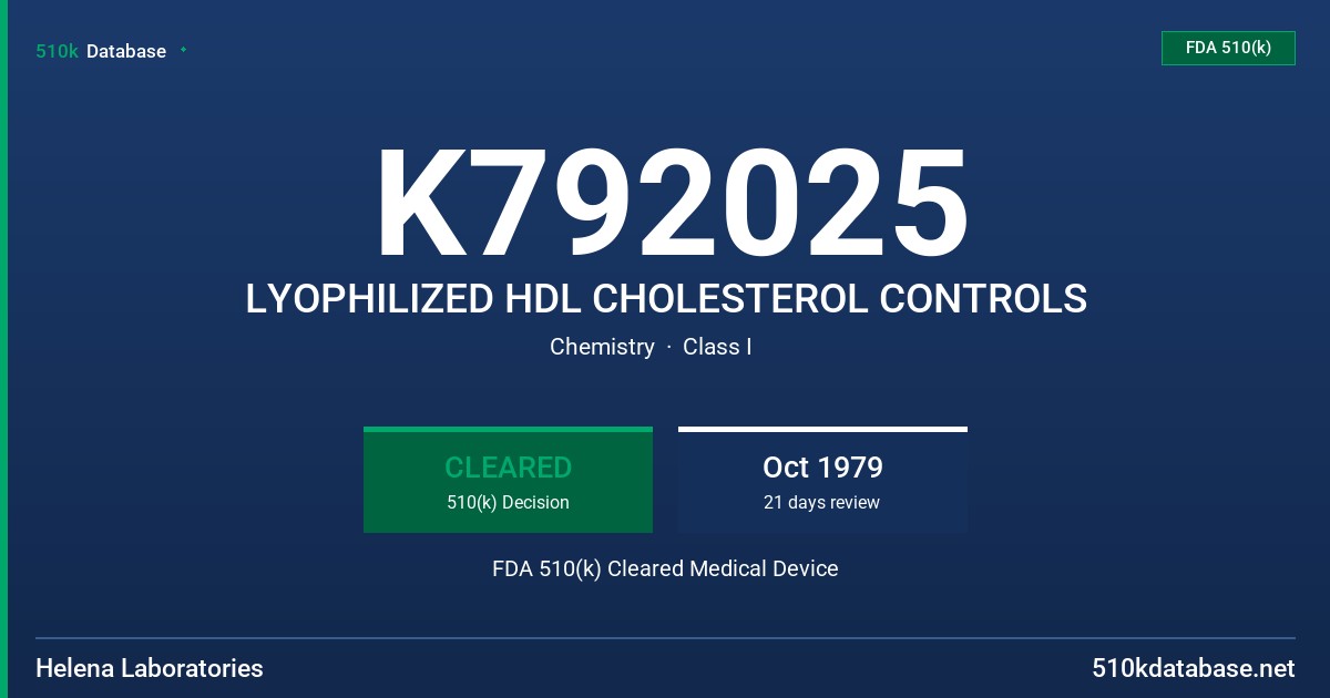 K792025 LYOPHILIZED HDL CHOLESTEROL CONTROLS FDA 510(k) Cleared Medical Device