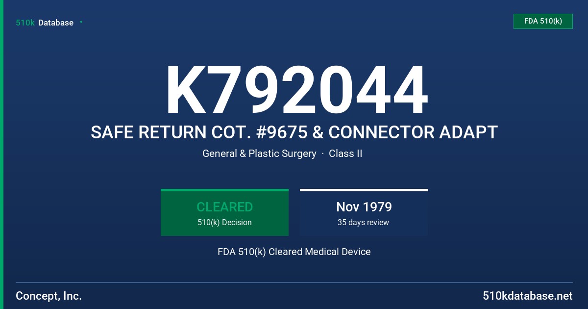 K792044 SAFE RETURN COT. #9675 & CONNECTOR ADAPT FDA 510(k) Cleared Medical Device