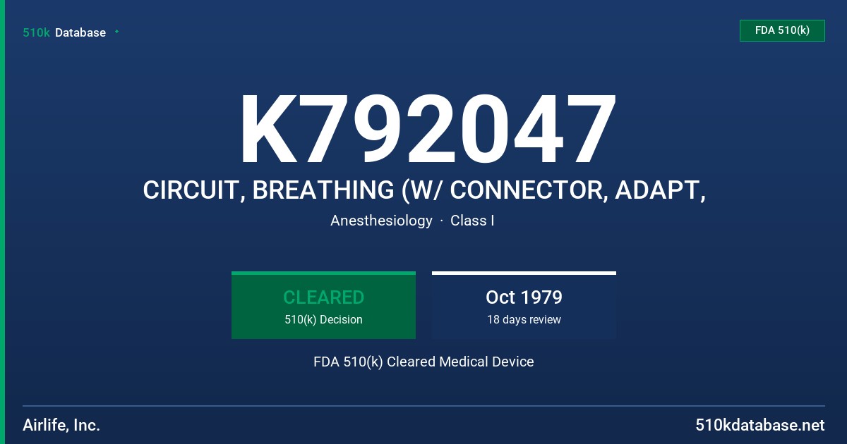 K792047 CIRCUIT, BREATHING (W/ CONNECTOR, ADAPT, FDA 510(k) Cleared Medical Device