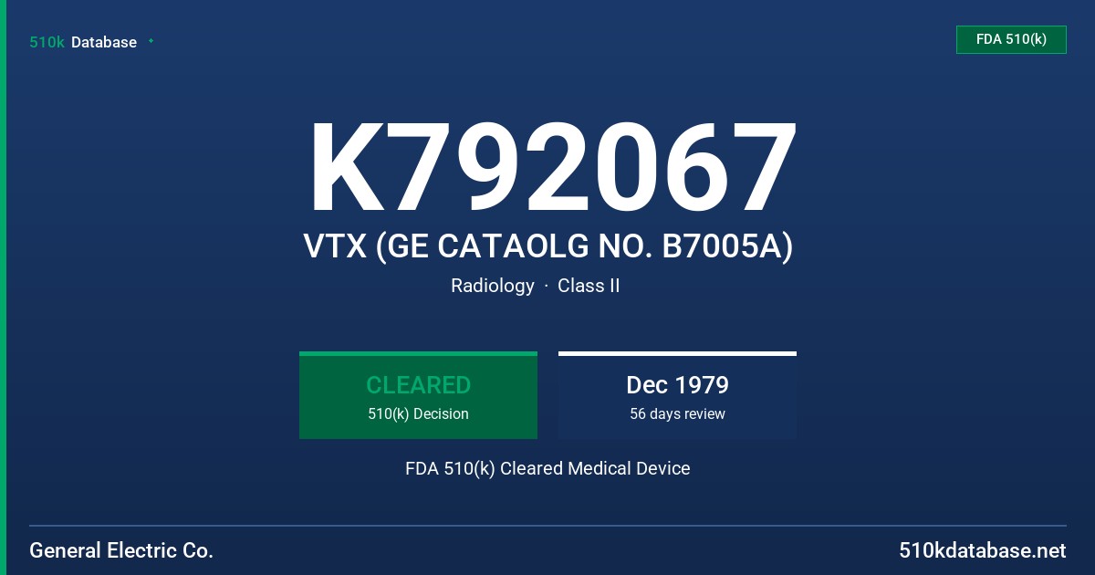 K792067 VTX (GE CATAOLG NO. B7005A) FDA 510(k) Cleared Medical Device