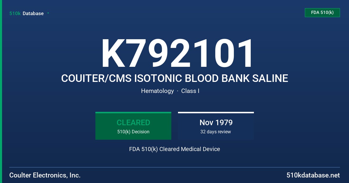 K792101 COUITER/CMS ISOTONIC BLOOD BANK SALINE FDA 510(k) Cleared Medical Device