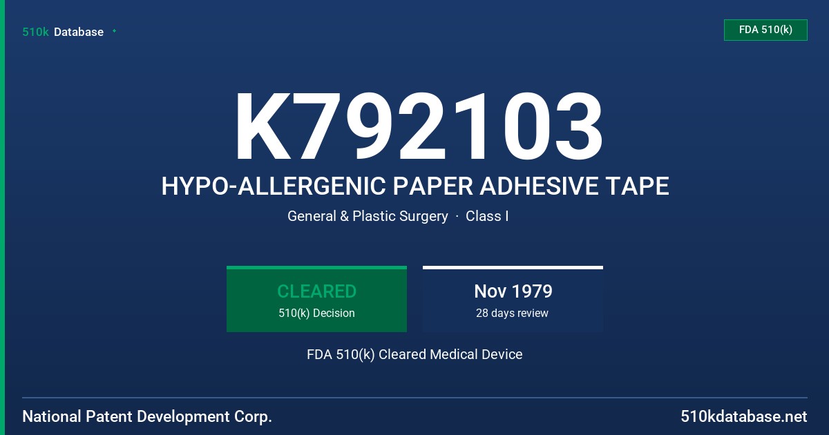 K792103 HYPO-ALLERGENIC PAPER ADHESIVE TAPE FDA 510(k) Cleared Medical Device