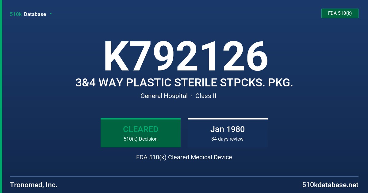 K792126 3&4 WAY PLASTIC STERILE STPCKS. PKG. FDA 510(k) Cleared Medical Device