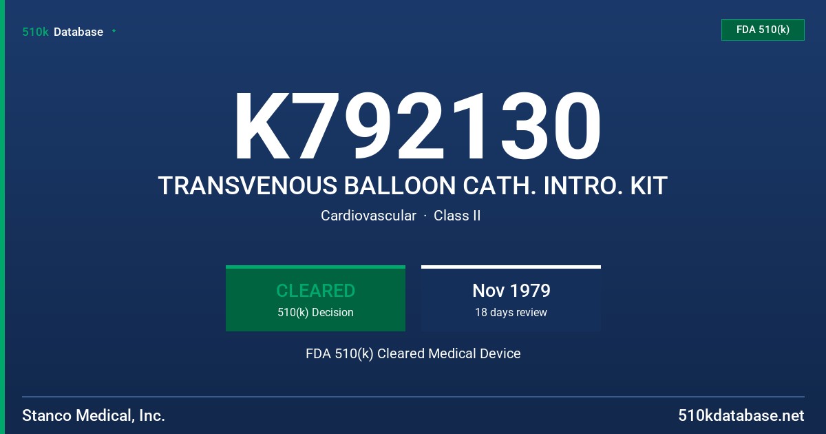 K792130 TRANSVENOUS BALLOON CATH. INTRO. KIT FDA 510(k) Cleared Medical Device