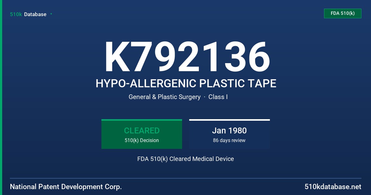 K792136 HYPO-ALLERGENIC PLASTIC TAPE FDA 510(k) Cleared Medical Device