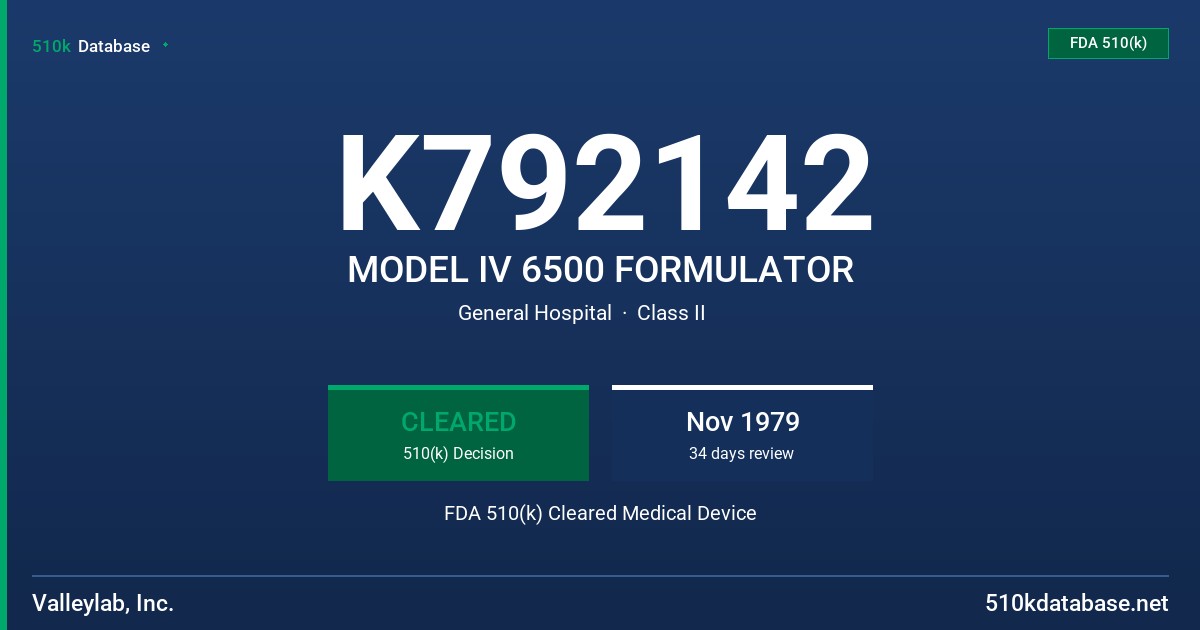 K792142 MODEL IV 6500 FORMULATOR FDA 510(k) Cleared Medical Device