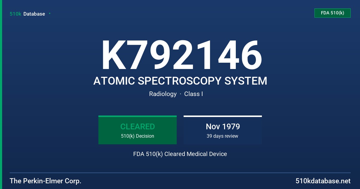 K792146 ATOMIC SPECTROSCOPY SYSTEM FDA 510(k) Cleared Medical Device