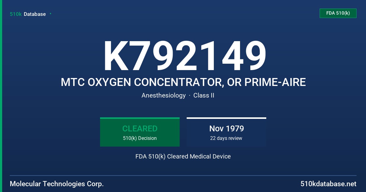 K792149 MTC OXYGEN CONCENTRATOR, OR PRIME-AIRE FDA 510(k) Cleared Medical Device
